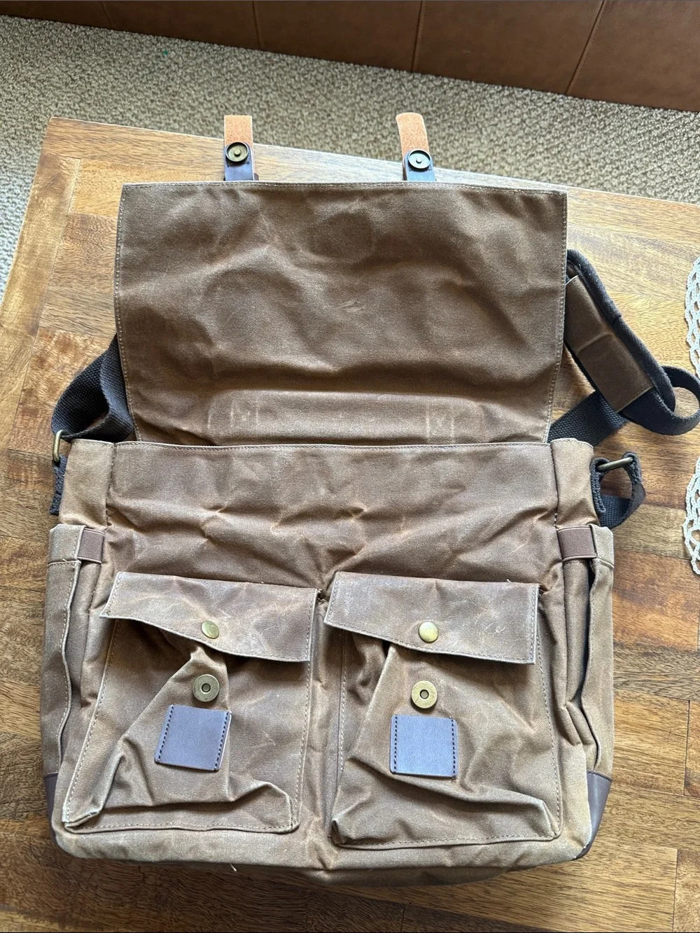 Men's Brown Canvas Messenger Bag with faux Leather Straps